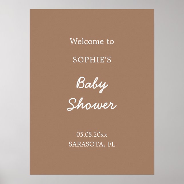 Affiche de bienvenue marron doux pour Baby Shower (Devant)