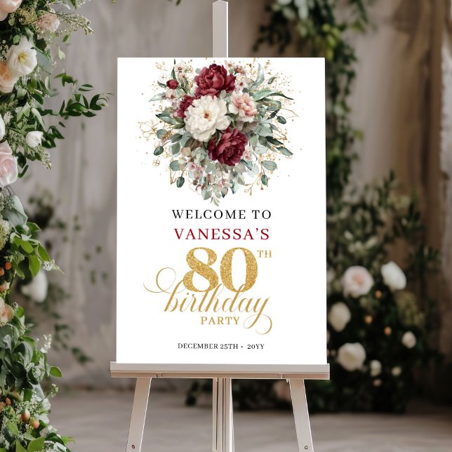 Affiche de bienvenue pour 80 ans avec fleurs borde (Boho Maroon Floral 80th Birthday Welcome Poster)