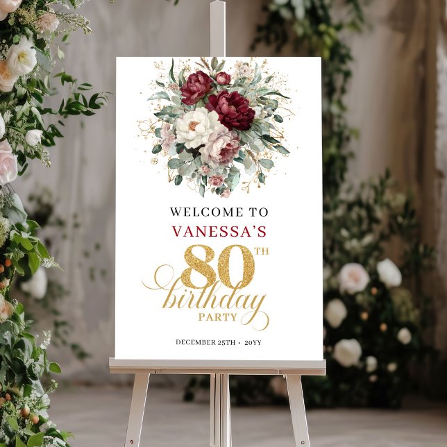 Affiche de bienvenue pour 80e anniversaire à fleur (Opulent Maroon Floral 80th Birthday Welcome Poster)