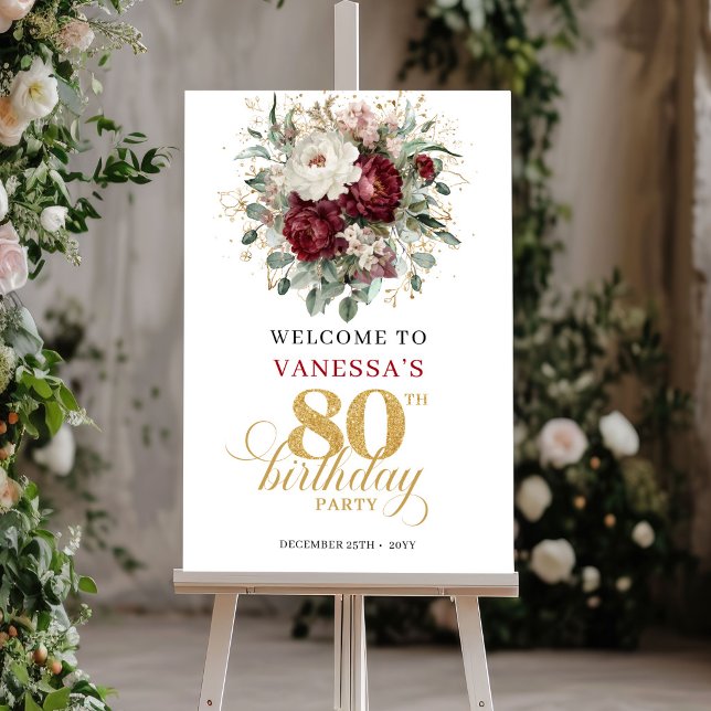 Affiche de bienvenue pour 80e anniversaire Rustiqu (Rustic Boho Burgundy 80th Birthday Welcome Poster)