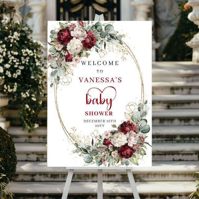 Affiche de bienvenue pour Baby Shower sur le thème (Burgundy Greenery Baby Shower Welcome)