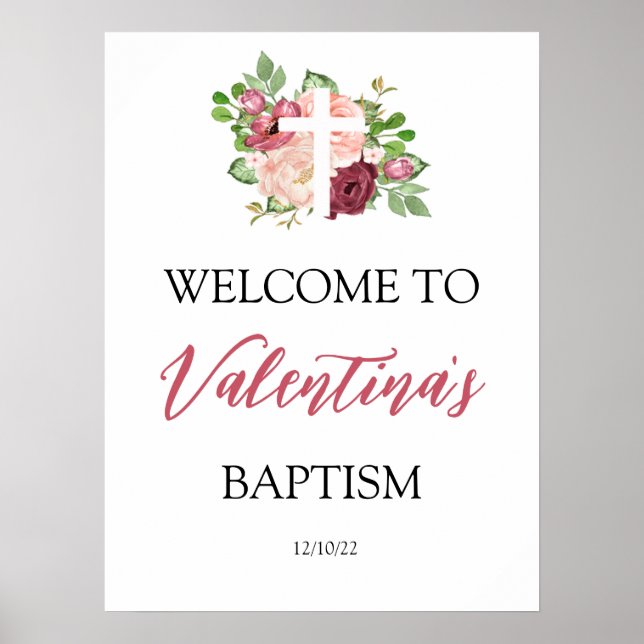 Affiche de bienvenue pour baptême aux fleurs roses (Devant)