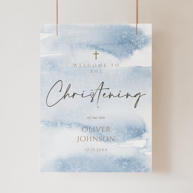 Affiche de bienvenue pour baptême de garçon à l'aq (Blue Watercolor Boy Christening Welcome Poster)