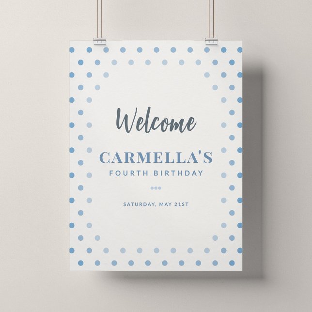 Affiche de bienvenue pour fête d'anniversaire Blue (Blue Polka Dot - 18x24" Birthday Welcome Sign Poster)