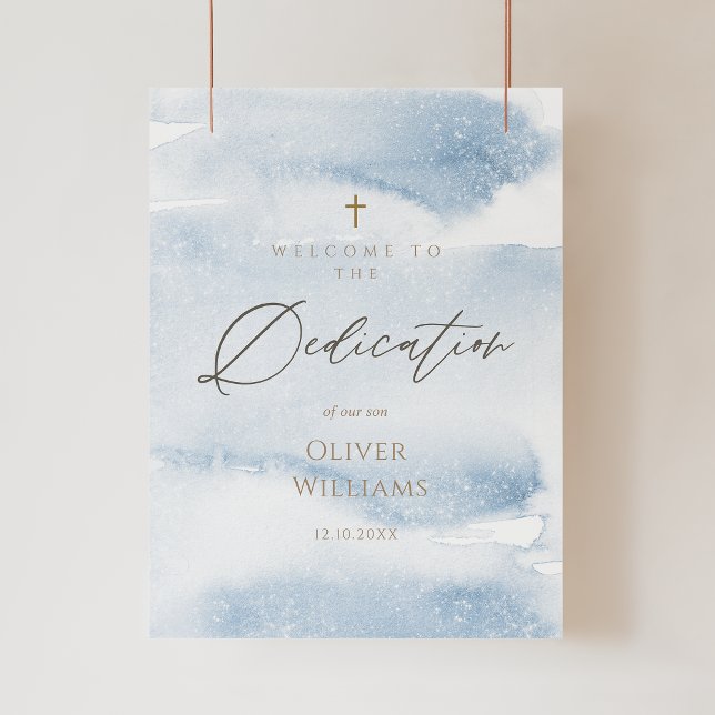 Affiche de bienvenue pour la dédicace de bébé garç (Dusty Blue Watercolor Baby Boy Dedication Welcome Poster)
