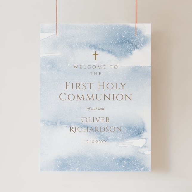 Affiche de bienvenue pour la première communion d' (Blue Watercolor Boy First Communion Welcome Poster)