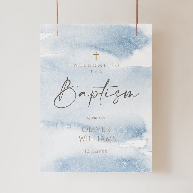 Affiche de bienvenue pour le baptême d'un garçon à (Blue Watercolor Boy Baptism Poster)