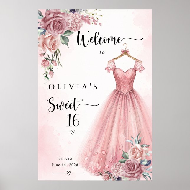 Affiche de bienvenue pour robe florale rose poussi (Devant)