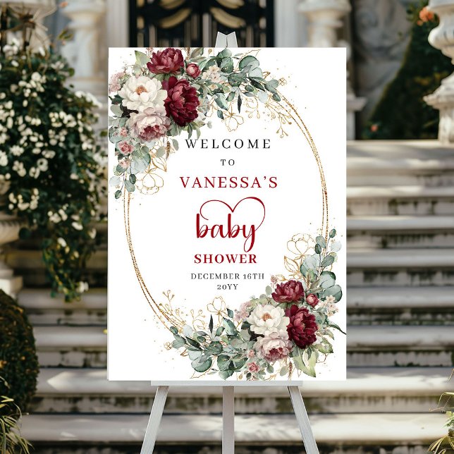 Affiche de bienvenue pour une baby shower sur le t (Deep Red Floral Baby Shower Welcome)