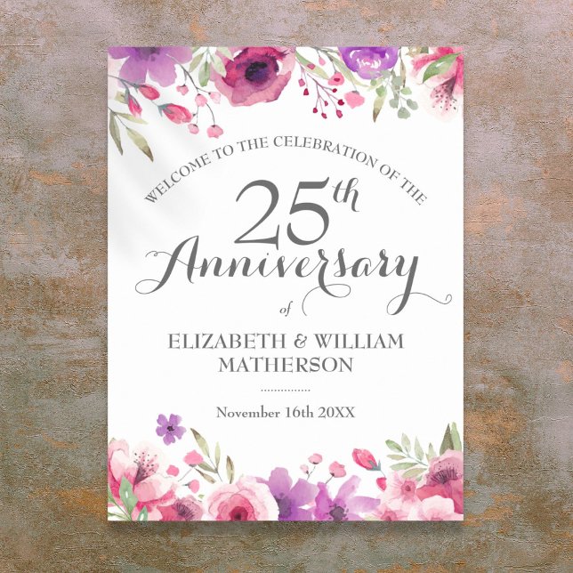 Affiche de bienvenue Rose du 25e anniversaire (25th Anniversary Watercolor Roses Welcome Sign)