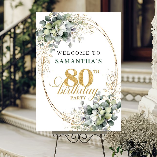Affiche de bienvenue verte et blanche pour 80 ans  (Botanical 80th Green and White Welcome Poster)