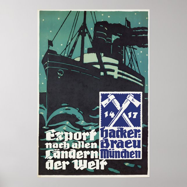 Affiche de bière allemande des années 1930 Hackerb (Devant)