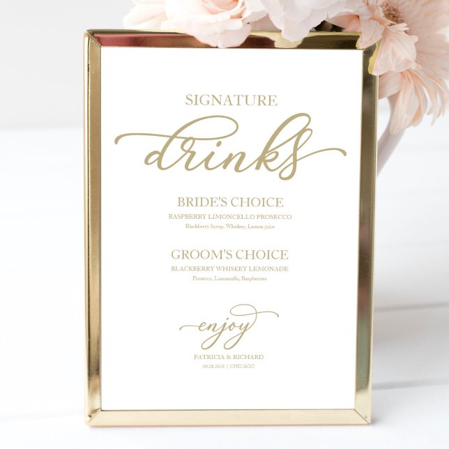 Affiche de boissons signatures Chic Gold Script (Créateur téléchargé)