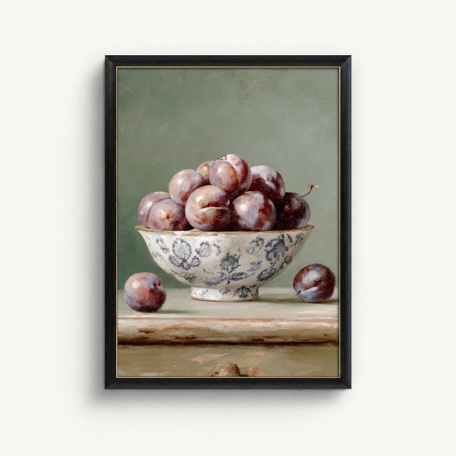 Affiche de bol de fruits à la prune antique (Plum Fruit Bowl Wall Art Poster - close-up view (frame/decor not included))