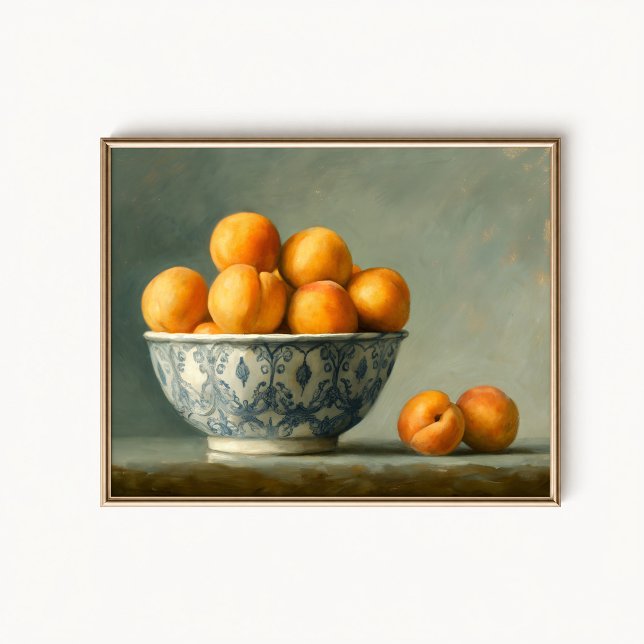 Affiche de bol de fruits à l'abricot antique (Apricot Fruit Bowl Wall Art Poster - close-up view (frame/decor not included))