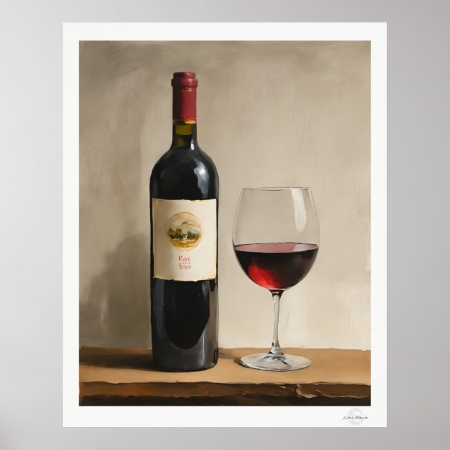 Affiche de bouteille et de verre de vin rouge (Devant)