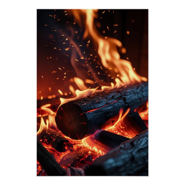Affiche de bûches en feu – Feu et étincelles brill (Devant)
