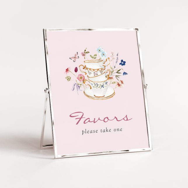Affiche de cadeaux de mariage rose (Pink Floral Bridal Favors Tea Cup Poster with Butterfly by Painted Paperie
)