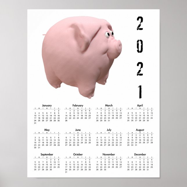 Affiche de calendrier 2021 de cochon drôle en 3D b (Devant)
