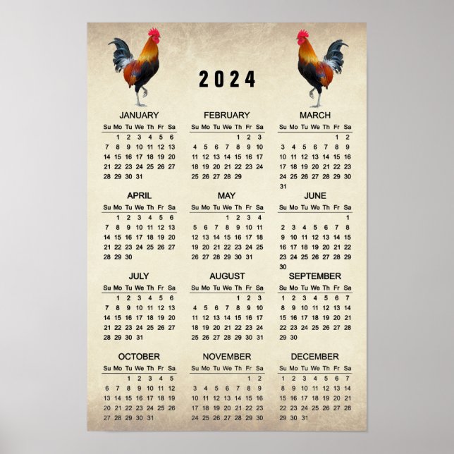 Affiche de calendrier 2024 de deux coqs (Devant)