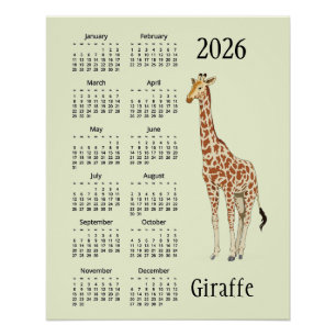 Affiche de calendrier 2026 à motif de girafe