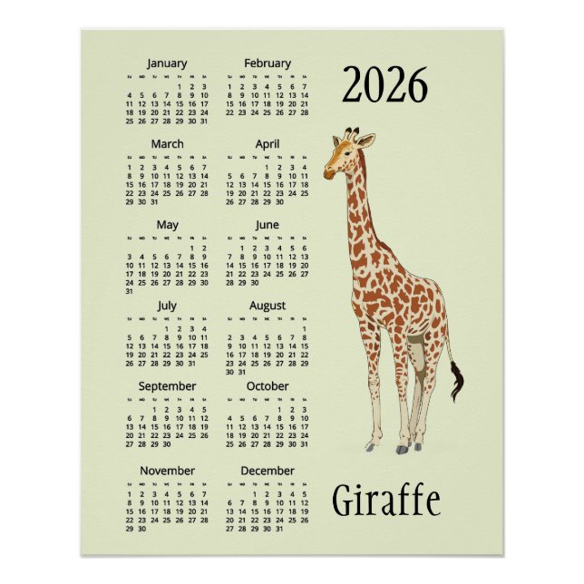 Affiche de calendrier 2026 à motif de girafe (Devant)