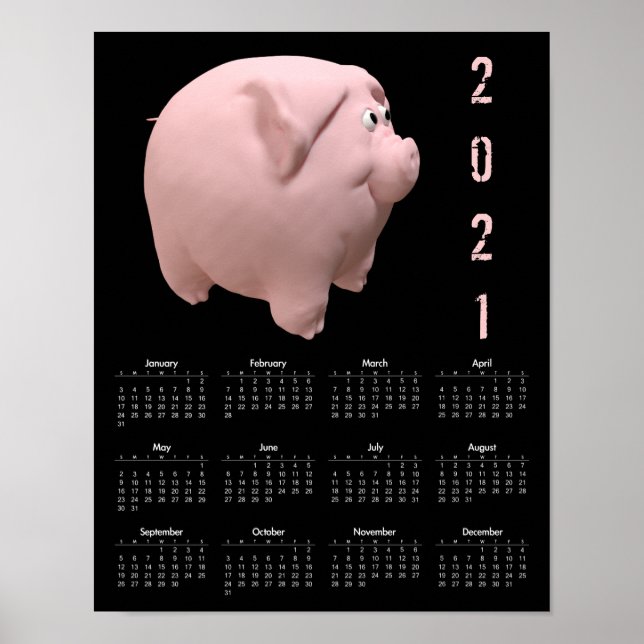 Affiche de calendrier 3D drôle cochon 1 noir 2021 (Devant)