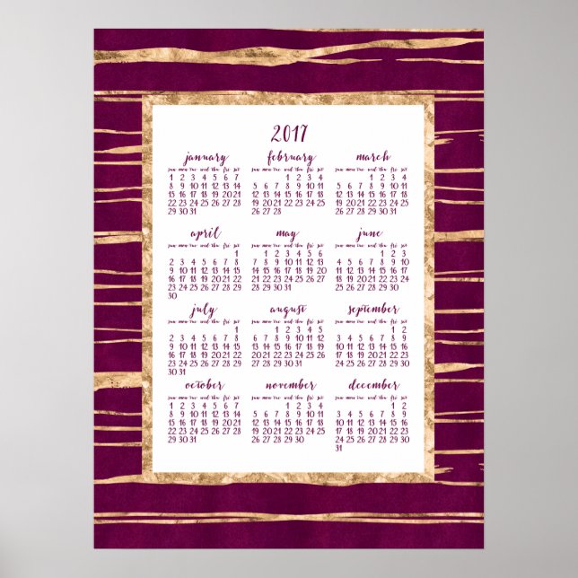 Affiche de calendrier annuel 2017 Magenta et Or en (Devant)