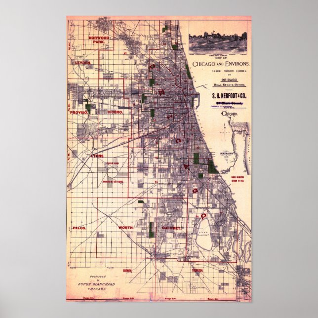 Affiche de carte ancienne de Chicago (Devant)