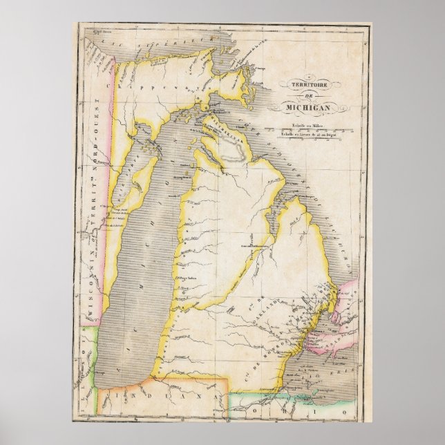 Affiche de carte ancienne de la région du Michigan (Devant)