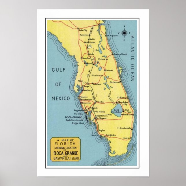 Affiche de carte de Boca Grande en Floride (Devant)