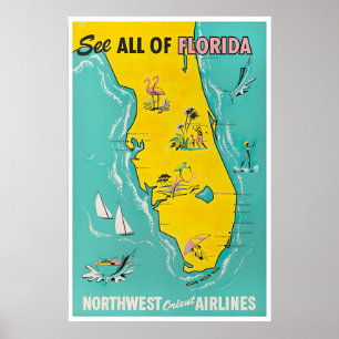 Affiche de carte de Floride Art de voyage Rétro Fl