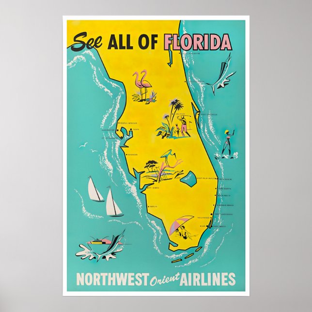 Affiche de carte de Floride Art de voyage Rétro Fl (Devant)