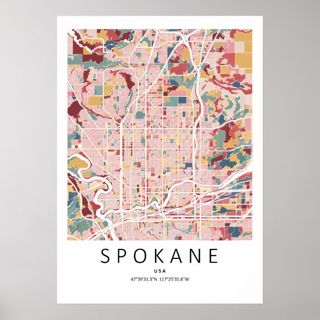 Affiche de carte de Spokane Washington | Mur de vi (Devant)
