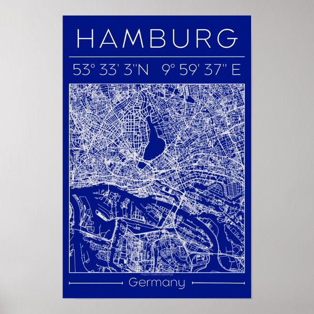 Affiche de carte de ville de Hambourg de style pla (Devant)