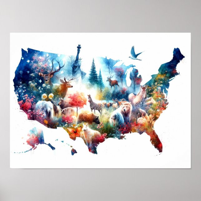 Affiche de carte des États-Unis et d'animaux à dou (Devant)