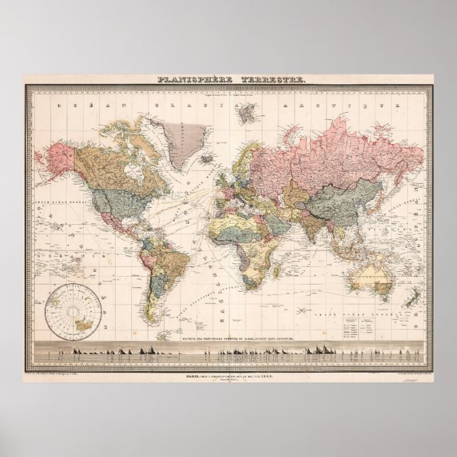 Affiche de carte du monde aux couleurs vanille vin (Devant)