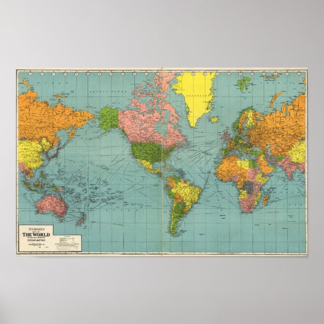 Affiche de carte du monde centrée sur l'Amérique v (Devant)