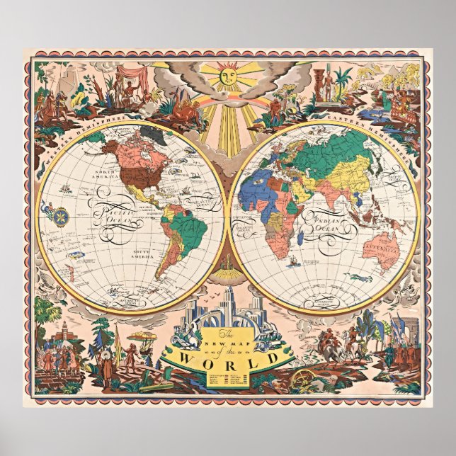 Affiche de carte du monde rétro Art Déco (Devant)
