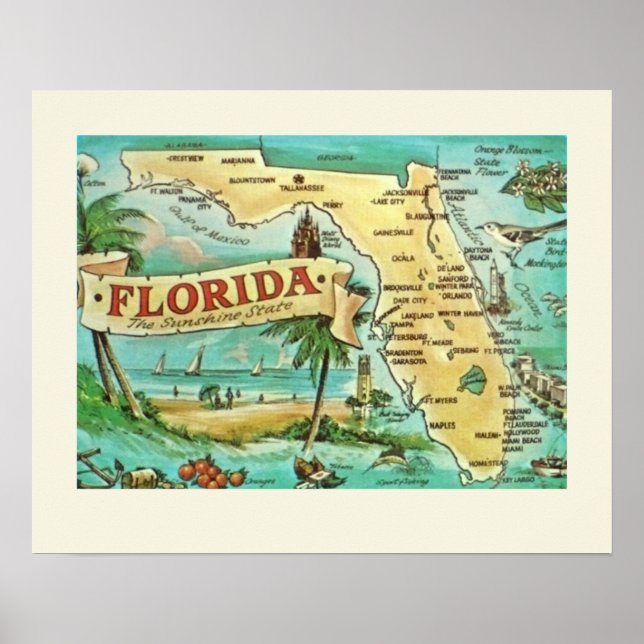 Affiche de carte rétro de Floride (Devant)