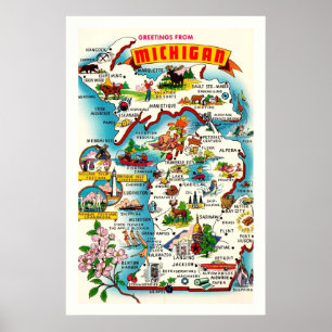 Affiche de carte vintage colorée du Michigan