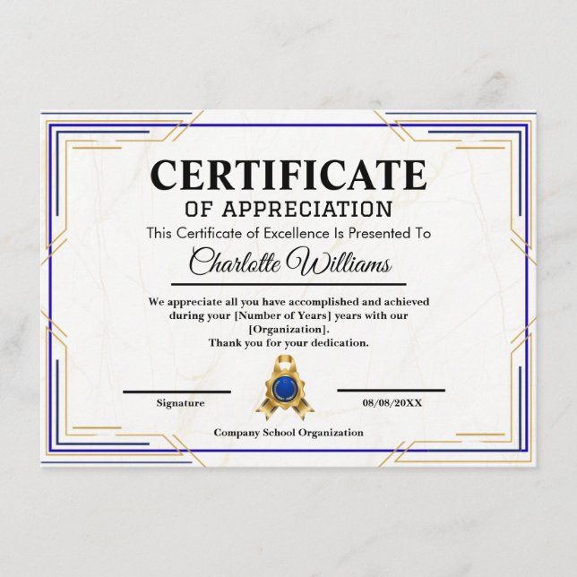 Affiche de certificat d'appréciation de réussite e (Devant)