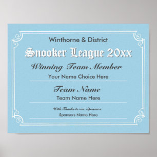 Affiche de certificat de compétition de snooker