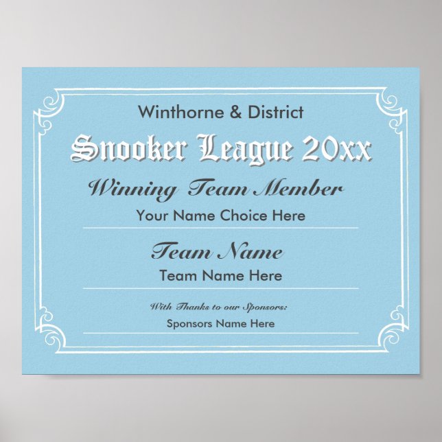 Affiche de certificat de compétition de snooker (Devant)