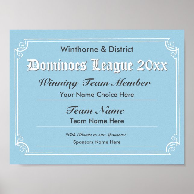Affiche de certificat de concours de dominos (Devant)