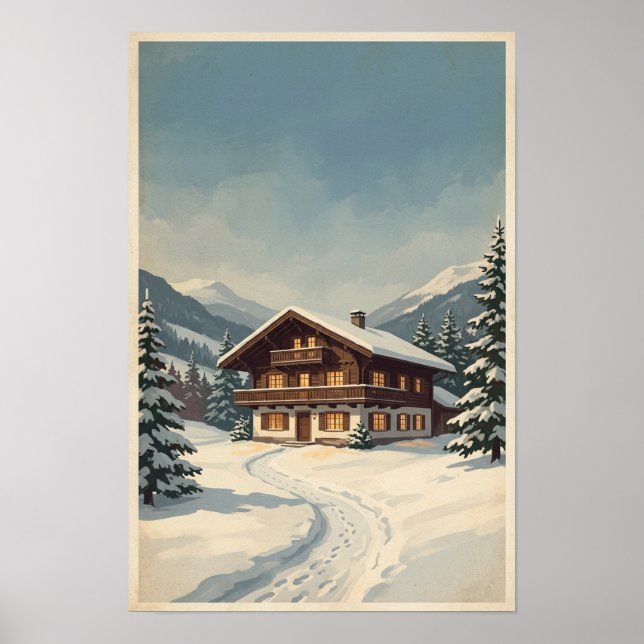 Affiche de chalet de montagne enneigé (Devant)