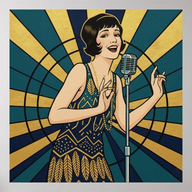 Affiche de chanteur de jazz rétro bleu et or vinta (Devant)