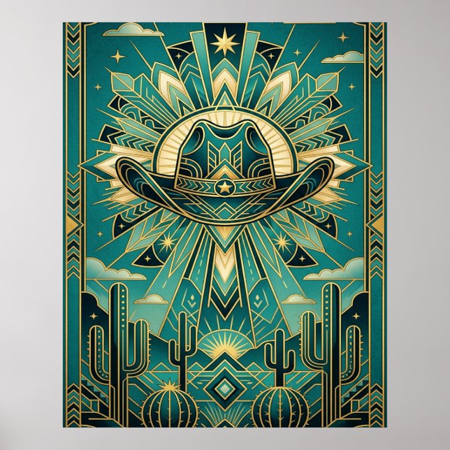 Affiche de chapeau de cowboy Art déco - Western gé (Devant)