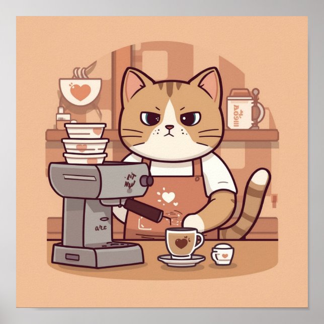 Affiche de chat barista de dessin animé mignon et  (Devant)