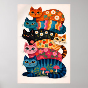 Affiche de chat coloré empilé, animal floral fanta